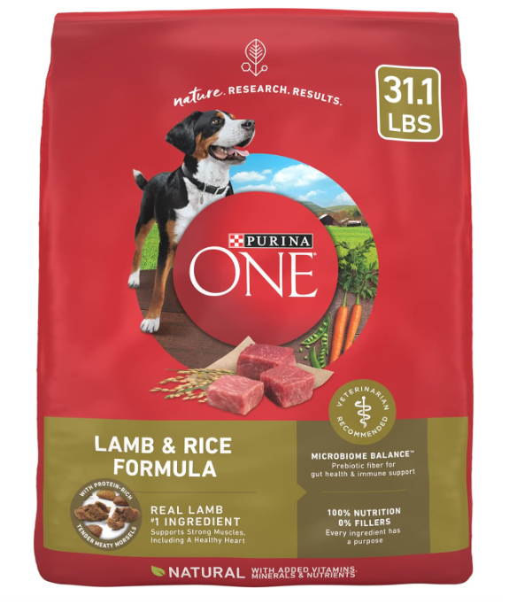 A red bag of dog food Description automatically generated